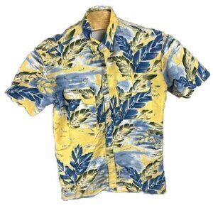 Vtg Doc & Amelia Premier Hawaiian Shirt Men M Yellow & Blue Tropical Leaf Print
